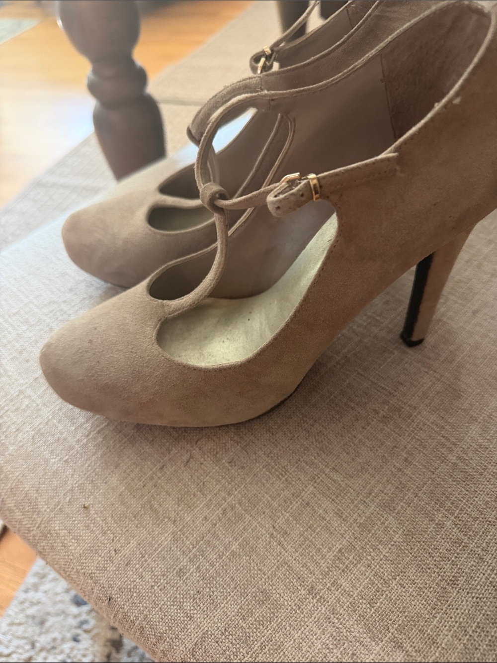 Classic Taupe Suede T-Strap High Heel Pumps